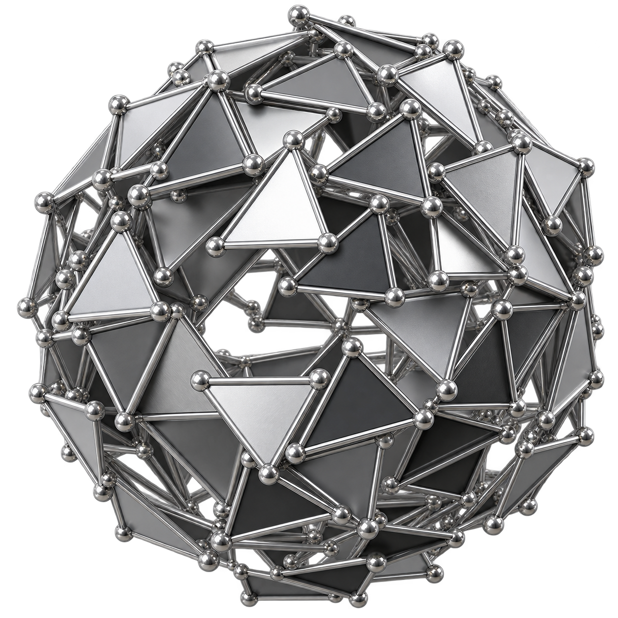 Silberne Kugel aus einzeln verschraubten Metallplatten – Sinnbild für die laufende Pflege eines KI-Managementsystems.